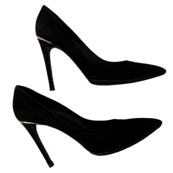 Louis Vuitton Black Suede Pumps, Gold Hardware on Heels, Size 38 (US Size 7.5) - Picture 1 of 11